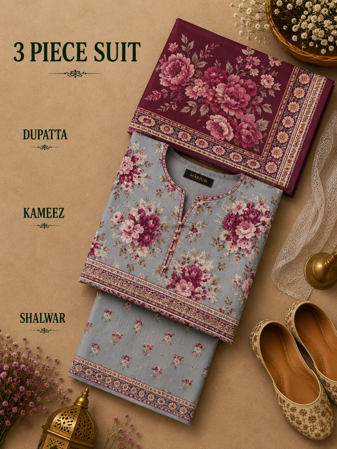 Signature Premium Unstitched 3PC Noble Lawn Suit - M1313