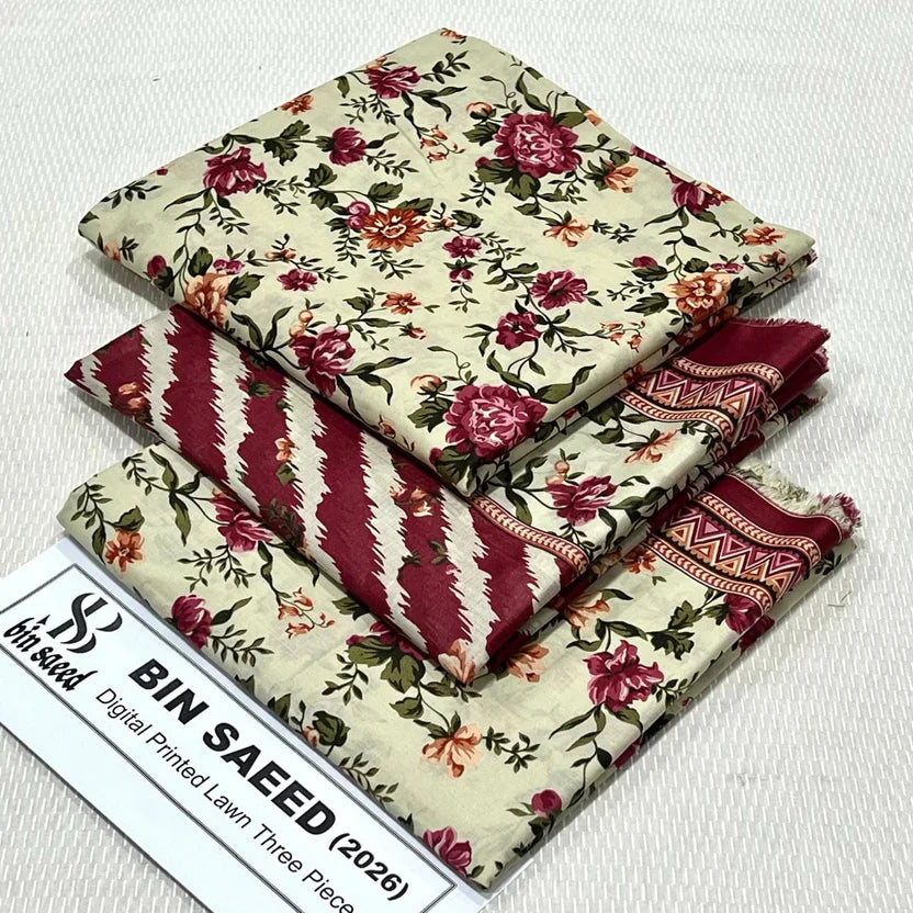 Pre Season Summer Sale 3Pcs Bin Saeed Printed Lawn [Random Articles]